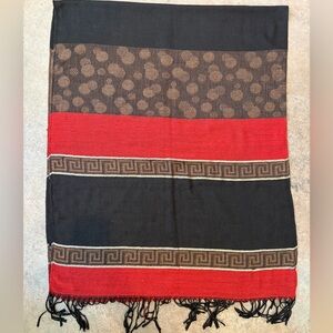 Greek Key Black, Brown, Gold, and Red Patterned Scarf
